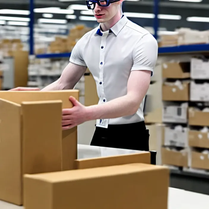 Prompt: hyperrealistic photo of a pale white amazon male employee sorting packages, wearing a vest, wearing creepy glasses, soft facial features