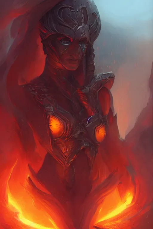 Image similar to princess of eternal fire and death, face portrait, raphael lacoste, eddie mendoza, alex ross, concept art, matte painting, highly detailed, rule of thirds, dynamic lighting, cinematic, detailed, denoised, centerd