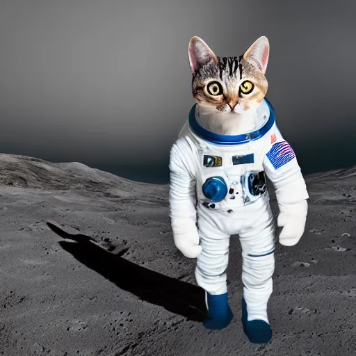 Image similar to cat wearing astronaut suit on the moon planet earth in the background sigma 1 4 mm f / 1. 8