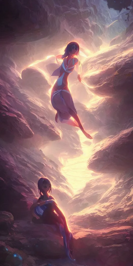 Prompt: beautiful young Himalayan woman with psychic powers, floating in a cave, sad, futuristic, somber, sci-fi summer fashion , by Makoto Shinkai and Wojtek Fus, by studio trigger, rossdraws, dramatic lighting, reflective light