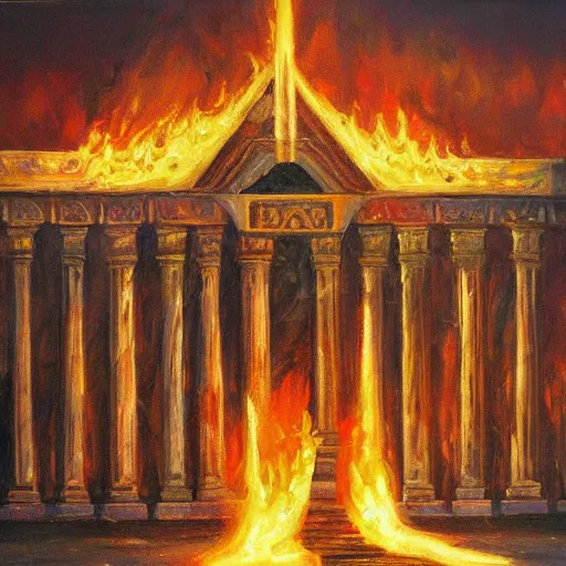 Image similar to a beautiful, detailed, and realistic oil painting of the Temple of Solomon in flames