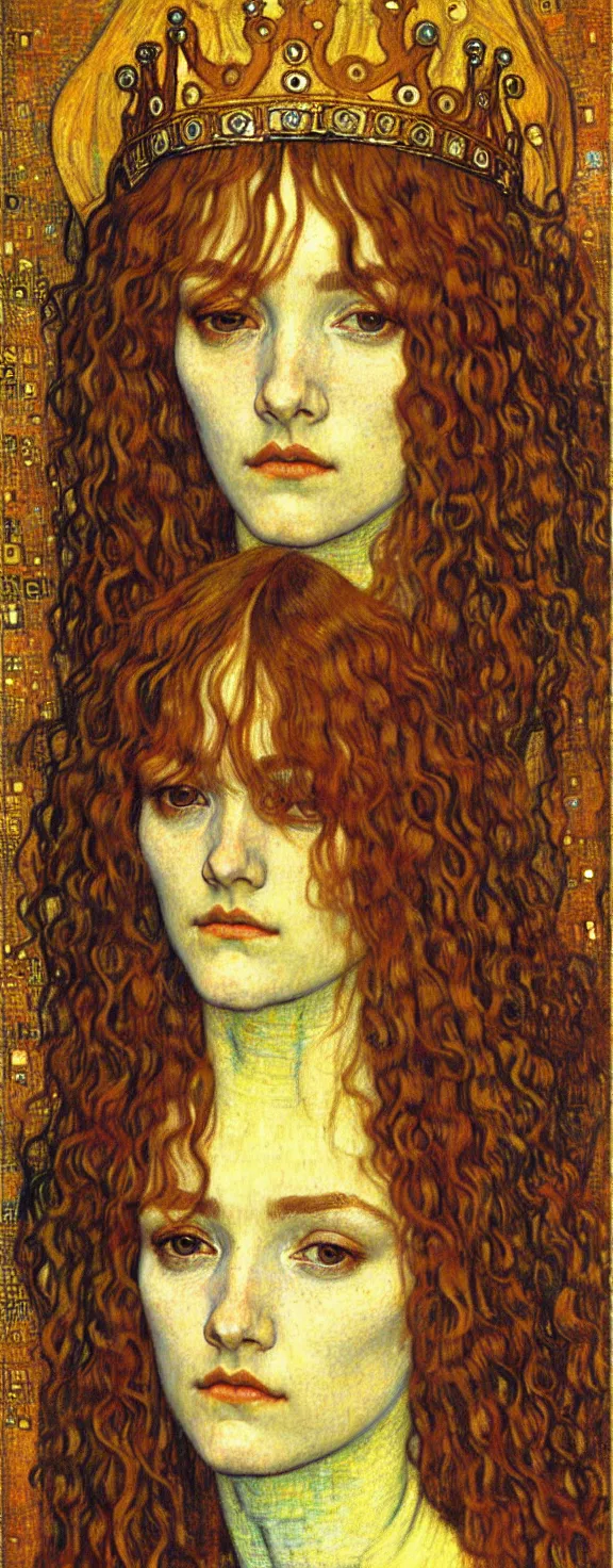 Image similar to detailed realistic beautiful young medieval queen face portrait by jean delville, gustav klimt and vincent van gogh, art nouveau, symbolist, visionary, gothic, pre - raphaelite, muted earthy colors, desaturated