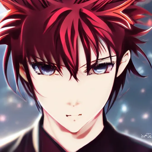Image similar to anime art, anime key visual of handsome young male, spiky red hair and large silver eyes, directed gaze, high quality artwork, portrait, drawn by tsunako.