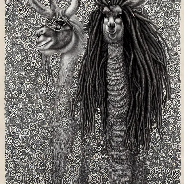 Image similar to llama with dreadlocks, in the style of gustav klimt, by mandy jurgens, ernst haeckel, james jean