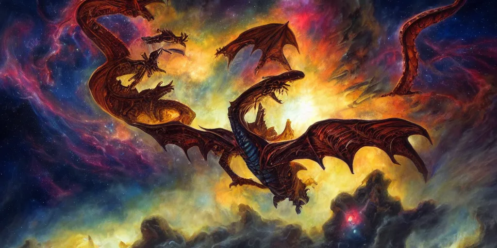 Prompt: cinematic shot of an alien dragon flying in front of an epic nebula, Dan Seagrave art