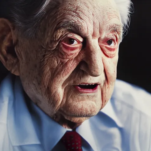 Image similar to Portrait of George Soros looking evil, splash art, movie still, cinematic lighting, dramatic, octane render, long lens, shallow depth of field, bokeh, anamorphic lens flare, 8k, hyper detailed, 35mm film grain