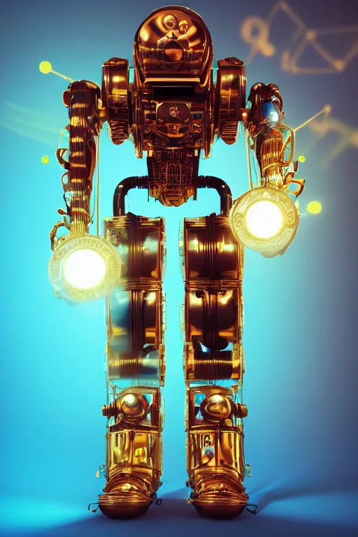 Image similar to portrait photo of a giant huge golden and blue metal humanoid steampunk robot, television camera on the shoulder, with gears and tubes, eyes are glowing red lightbulbs, shiny crisp finish, 3 d render, 8 k, insaneley detailed, fluorescent colors, background is multicolored lasershow