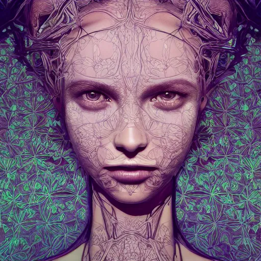 Image similar to the portrait of an incredibly beautiful woman made of potatoes roots and violets, an ultrafine detailed illustration by james jean, final fantasy, intricate linework, bright colors, behance contest winner, vanitas, angular, altermodern, unreal engine 5 highly rendered, global illumination, radiant light, detailed and intricate environment