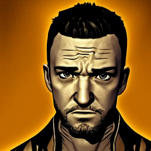 Image similar to justin timberlake portrait, borderlands, tales from the borderlands, the wolf among us, comic, cinematic lighting, studio quality, 8 k