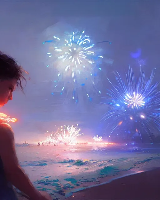 Image similar to beach blue fireworks, intricate, lens flare, bloom, sharp focus, illustration, highly detailed, digital painting, concept art, matte, art by ruan jia and wlop and greg rutkowski, masterpiece