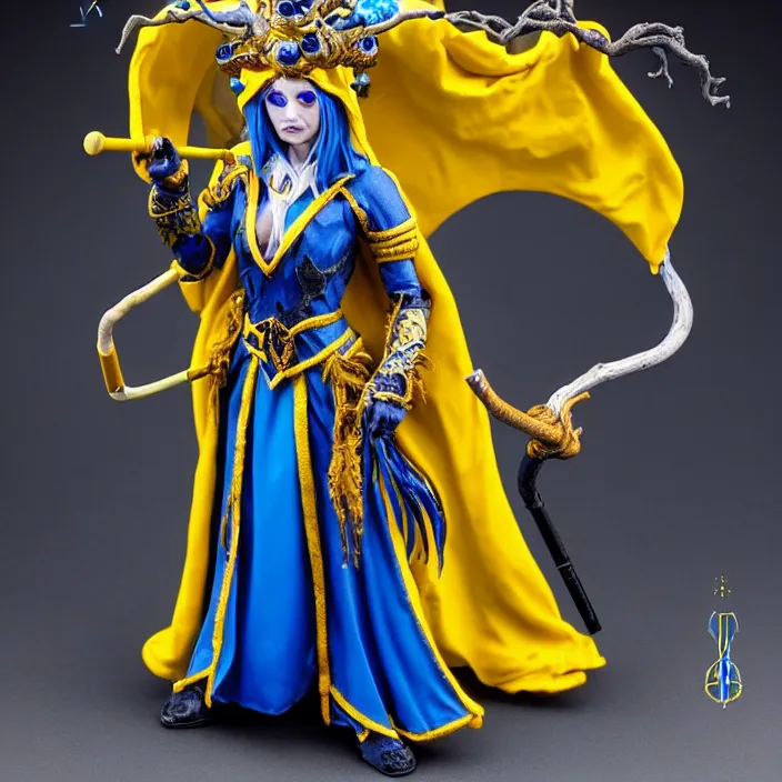 Prompt: photograph of a real - life beautiful!! elemental lightning witch with ornate yellow and blue robes and staff. extremely detailed. 8 k