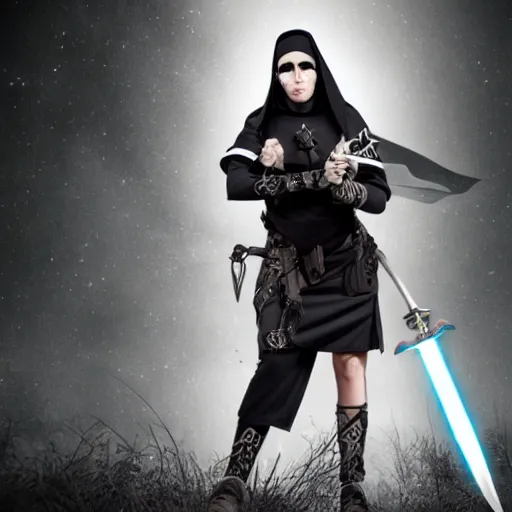 Prompt: photo of a fantasy cyberpunk nun warrior