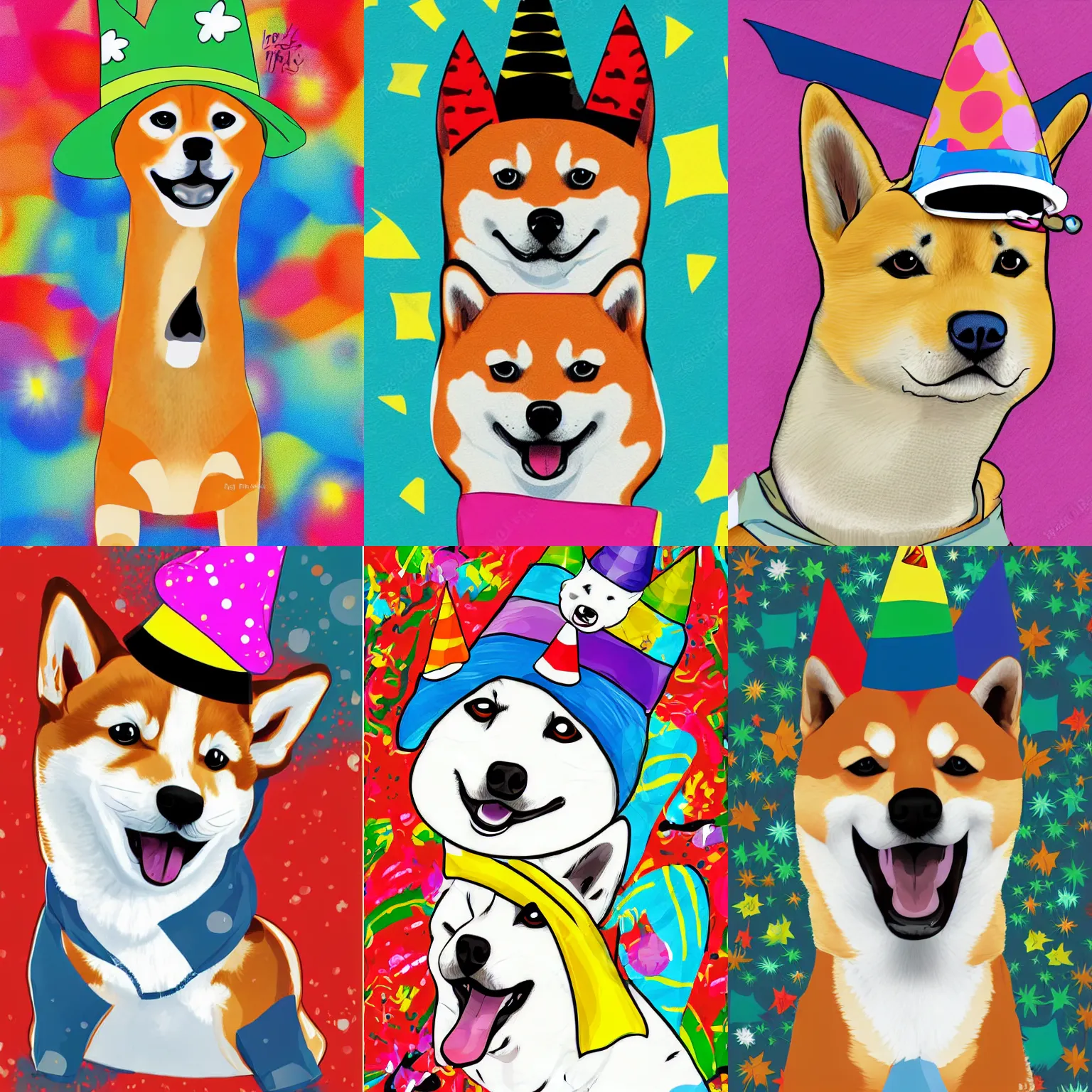 Prompt: Shiba Inu illustration wearing a party hats, Derp, in the style of a jimmy hendrix poster