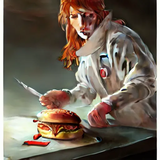 Prompt: Kelly Reilly performing emergency surgery on a big mac hamburger, dripping BBQ Sauce, operating on burgers, operating room, surgical gear, intricate, elegant, highly detailed, digital painting, artstation, concept art, matte, sharp focus, illustration, art by Artgerm and Greg Rutkowski and Alphonse Mucha