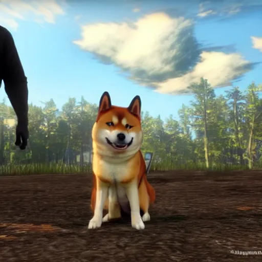 Prompt: shiba inu dog as the cover for red dead redemption 2