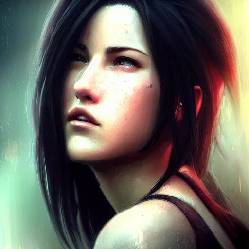 Prompt: Beautiful riveting Tifa Lockhart portrait, face centered portrait, Confident, fog, rain, volumetric lighting, beautiful, golden hour, sharp focus, ultra detailed, conceptartworld by Leesha Hannigan, Ross Tran, Thierry Doizon, Kai Carpenter,Ignacio Fernández Ríos