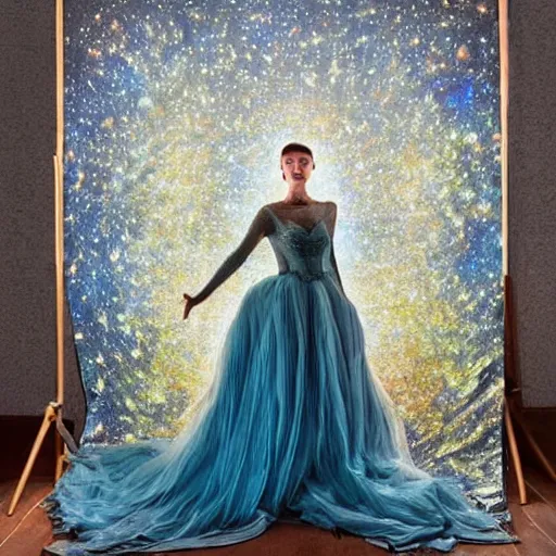 Prompt: Stunning photograph of a model wearing magnificent and ethereal ball gown inspired by Van Gogh's Starry Night. Studio lighting