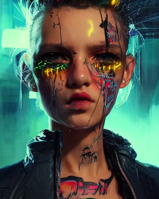 Image similar to detailed portrait Young Rebel Girl cyberpunk futuristic ((neon)) tattoes, yakuza, styled hair Reflective puffy sheen film jacket, decorated traditional ornaments by ismail inceoglu dragan bibin hans thoma greg rutkowski Alexandros Pyromallis Nekro James Jean illustrated Perfect face, fine details, realistic shaded, fine-face, pretty face