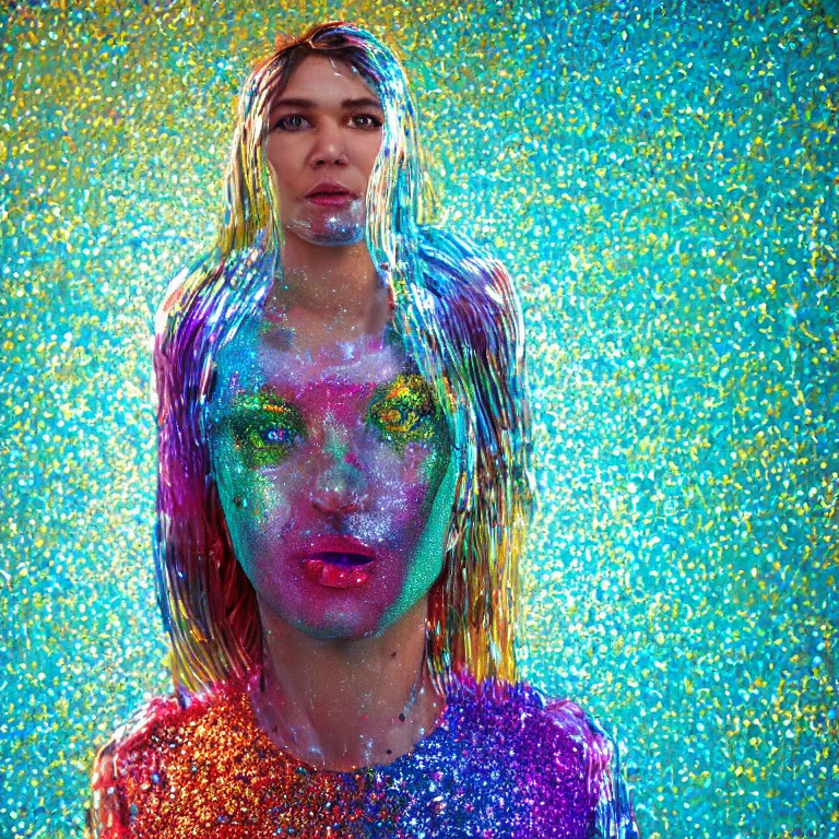 Image similar to octane render portrait by wayne barlow and carlo crivelli and glenn fabry, a woman wearing a clear plastic suit full of colorful thick fluid full of glitter, standing in front of a giant sheet of tie - dye aluminum foil, cinema 4 d, ray traced lighting, very short depth of field, bokeh