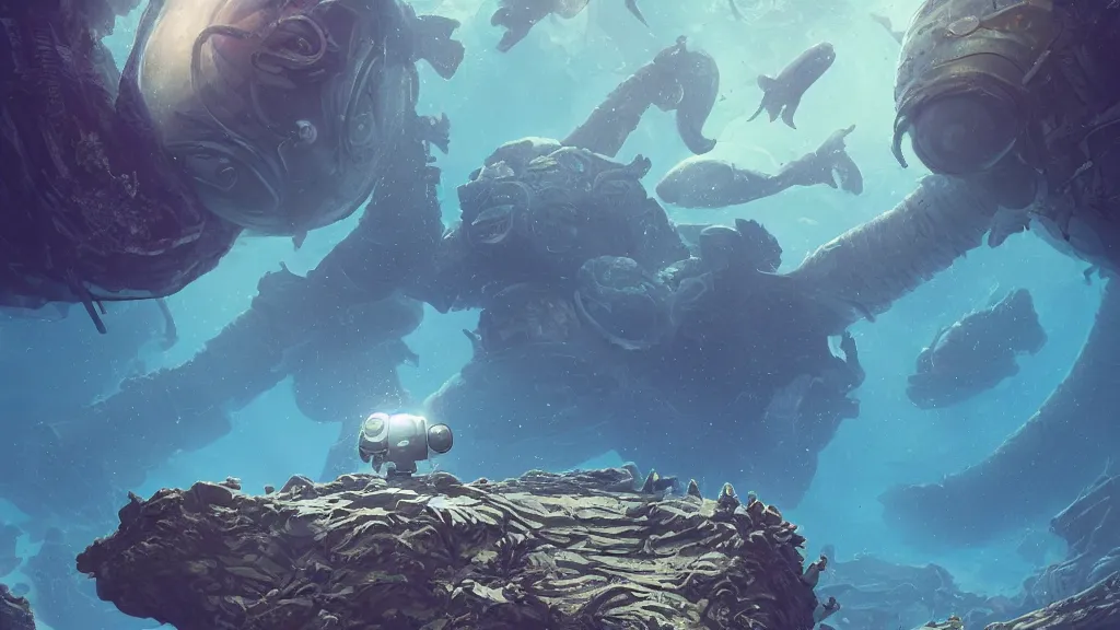 Image similar to An astronaut is under the sea, he has a big egg, he is swimming away from the giant leviathan that is behind hunting him, the leavithan is evil, this is an extravagant planet with wacky wildlife and some mythical animals, the background is full of ancient ruins, the ambient is dark with a terrifying atmosphere, by Jordan Grimmer digital art, trending on Artstation,