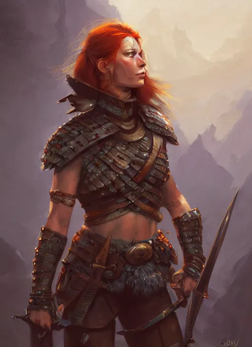 Prompt: highly detailed painting of a warrior woman commander, armored, icelandic redhead, tan skin, blue - eyes, high fantasy, dungeons and dragons art by jon foster trending on artstation painted by greg rutkowski, painted by stanley artgerm