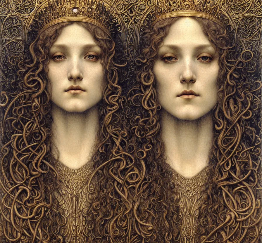 Image similar to detailed realistic beautiful young medieval queen face portrait by jean delville, gustave dore and marco mazzoni, art nouveau, symbolist, visionary, gothic, pre - raphaelite. horizontal symmetry