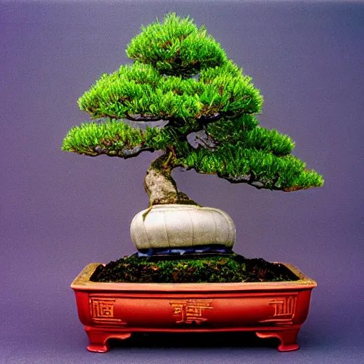 Prompt: award winning bonsai, 4 m tall 5 m wide, on flowerpot grave with golden dragon, photorealistic, taken in a white studio, 3 5 mm lens, taken in 1 9 8 0 s