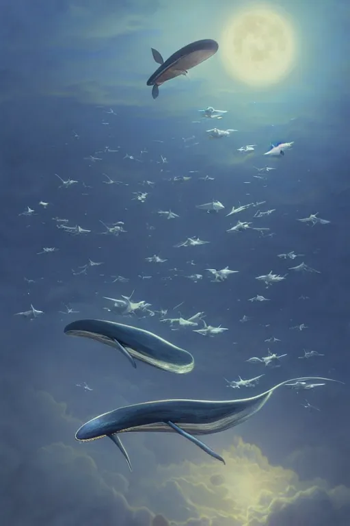 Prompt: realistic render portrait ofgroup of flying blue whales towards the moon, hyperdetailed, sculpted in zbrush, artstation, concept art, smooth, sharp focus, illustration, chiaroscuro lighting, golden ratio, incredible art by artgerm and greg rutkowski and alphonse mucha and simon stalenhag