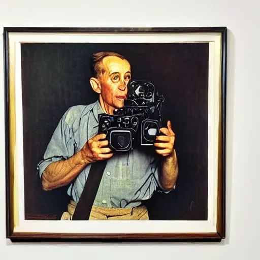 Prompt: norman rockwell painting of a man holding a large television - video - camera