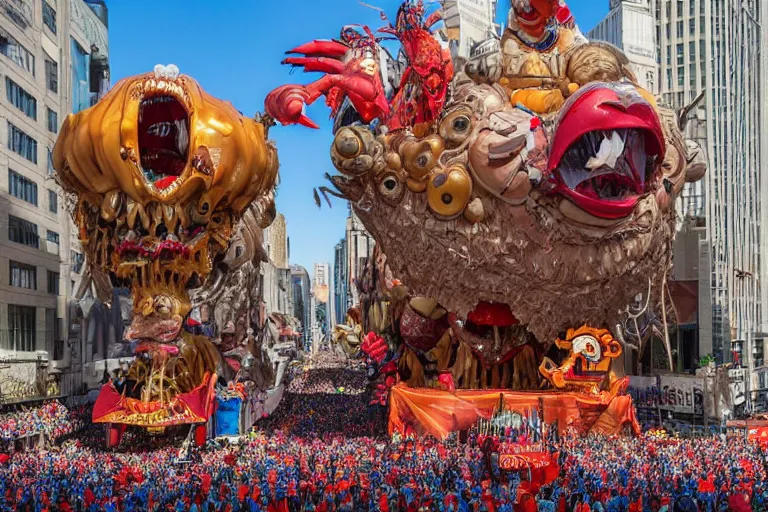 Image similar to photo of giant elaborate parade float designed by geoff darrow!!!! and ( ( ( ( ( ( hr giger ) ) ) ) ) ), in the macys parade, detailed 4 k photo