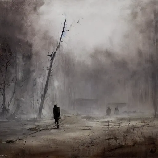 Image similar to painting by jakub rozalski of a person walking with a wheelbarrow in an abandoned post soviet town infested with root monsters