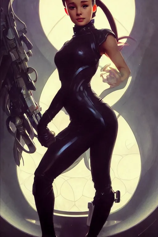 Image similar to ariana grande as aeon flux profile picture by Greg Rutkowski, dynamic pose, intricate, futuristic, fantasy, elegant, by Stanley Artgerm Lau, greg rutkowski, thomas kindkade, alphonse mucha, loish, norman Rockwell,