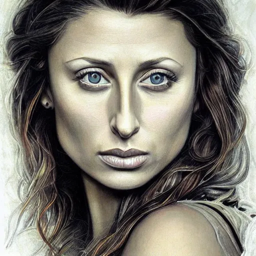 Image similar to pencil art, detailed portrait of aly michalka, intricate, hyper detailed, realistic, oil painting, by julie bell, frank frazetta, cinematic lighting