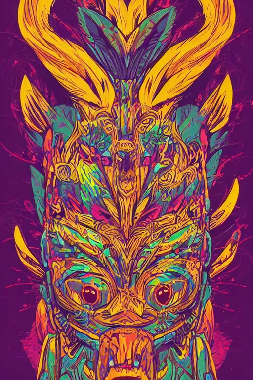 Image similar to animal mask totem roots flower tribal feather gemstone plant wood rock shaman vodoo video game vector cutout illustration vivid multicolor borderlands comics by josan gonzales and dan mumford radiating a glowing aura