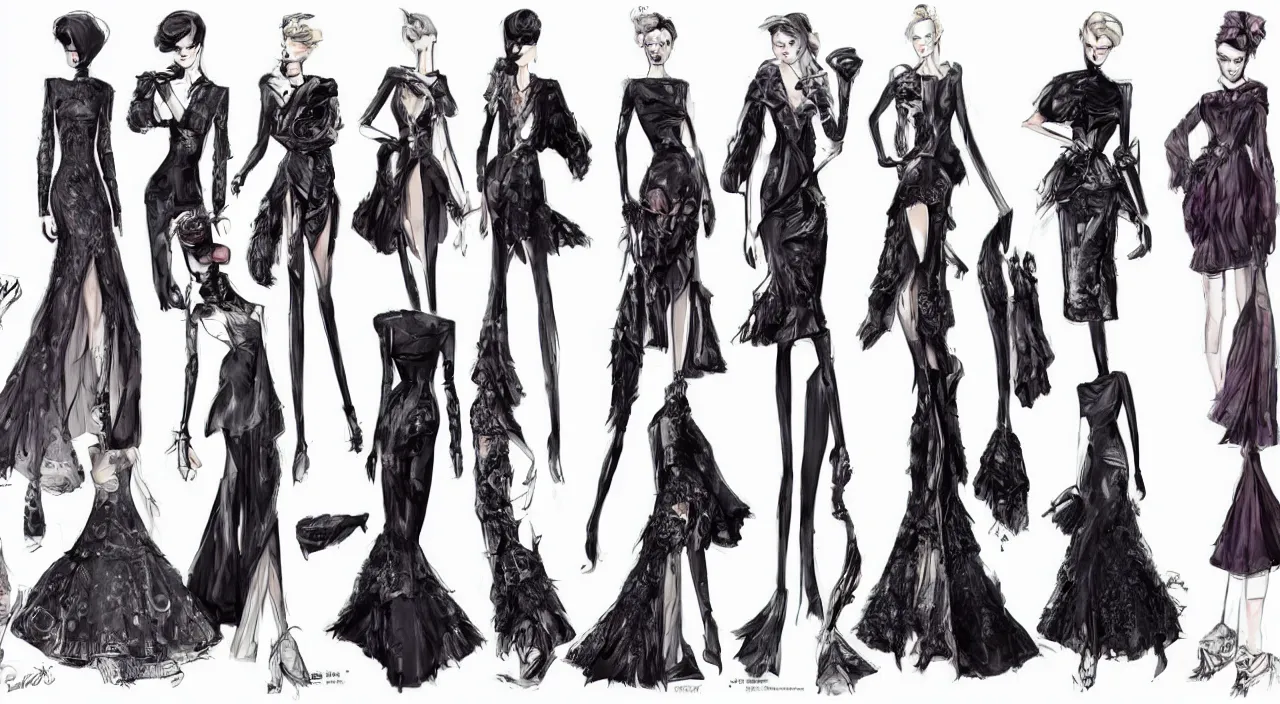 Image similar to fashion, high fashion, haute couture, dior, game, characters reference sheet, high quality, ultra detailed