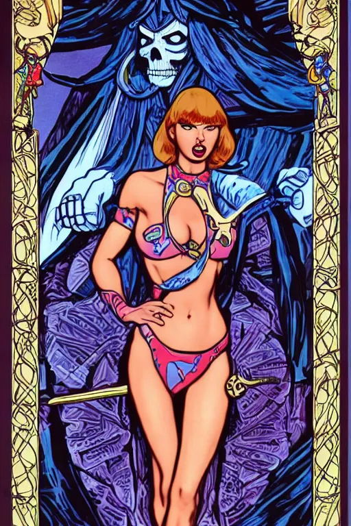 Prompt: skeletor he - man teela she - ra : : taylor swift : : kate upton body : : portrait : : full body : : decadent highly - detailed digital artwork : : art by helmut newton and mucha, master prime lenses, cinematic