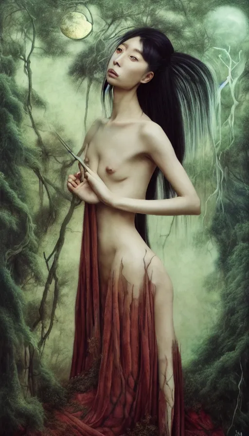 Image similar to wuxia, forest, moonlight, gemma chen, madison beer, angela sarafyan, pinup, intricate beautiful faces, surrealistic painting by agostino arrivabene, vanessa beecroft, anka zhuravleva, mary jane ansell, peter mohbacher, gerald brom