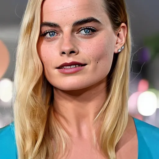 Image similar to a woman who is a genetic combination of margot robbie and emma watson face and upper - body focus