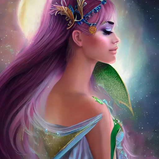 Image similar to detailed portrait of a fairy queen with wings wearing a magic silk robe, pixie, iris, realism, emerald, galaxy, sapphire,blonde hair going down to the floor, moonlit, wearing a bejeweled mask, dark fantasy, dramatic lighting, cgsociety, artstation