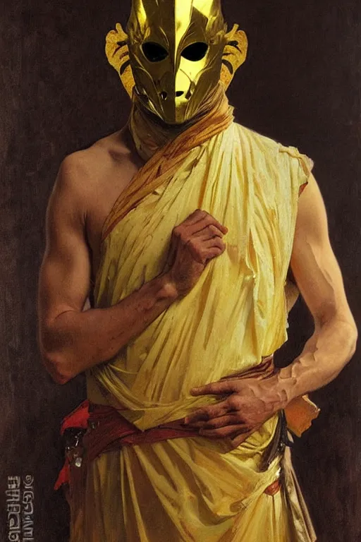 Image similar to A man wearing golden mask,painting by greg rutkowski and alphonse mucha