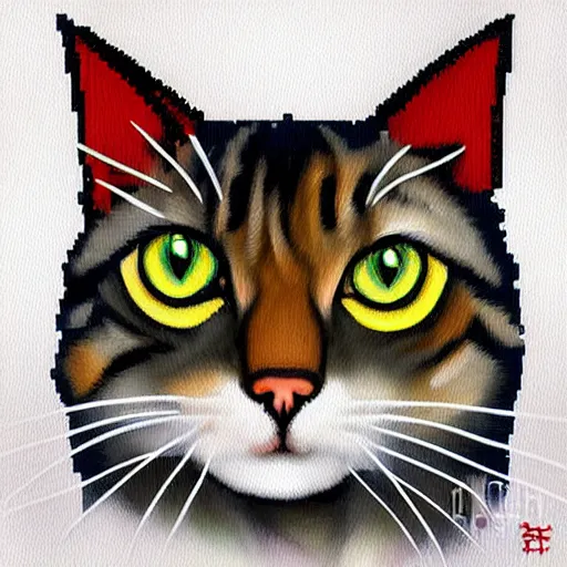 Prompt: full portrait painting of humanoid cat, pixel art style, 8 x 8.