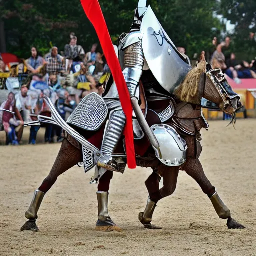 Image similar to a mounted knight in full armor and a lance, riding in a jousting tournament