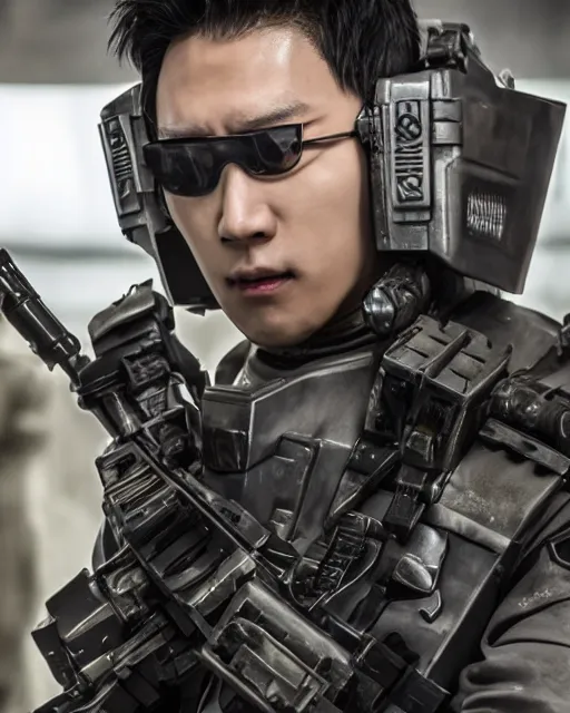 Image similar to Korean Actor Park Solomon as Kazuki Fuse in Live Action Jin Roh: The Wolf Brigade, wearing full armor holding his MG 42 machine Gun, Studio Lighting, Mamoru Ushii