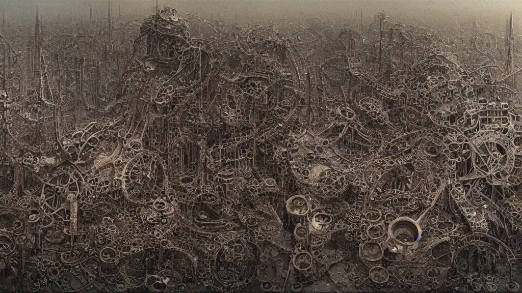 Image similar to A mechanical wasteland of large intricate constructs. Masterpiece by Zdzisław Beksiński and Adolf Lachman