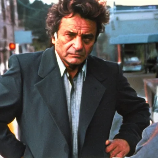 Prompt: Peter Falk as Bad Lieutenant film still 1990 35mm heavy detail grunge