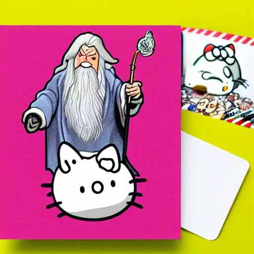 Prompt: portraid of happy gandalf wearing a Hello Kitty costume, holding a blank playing card up to the camera, movie still from the lord of the rings