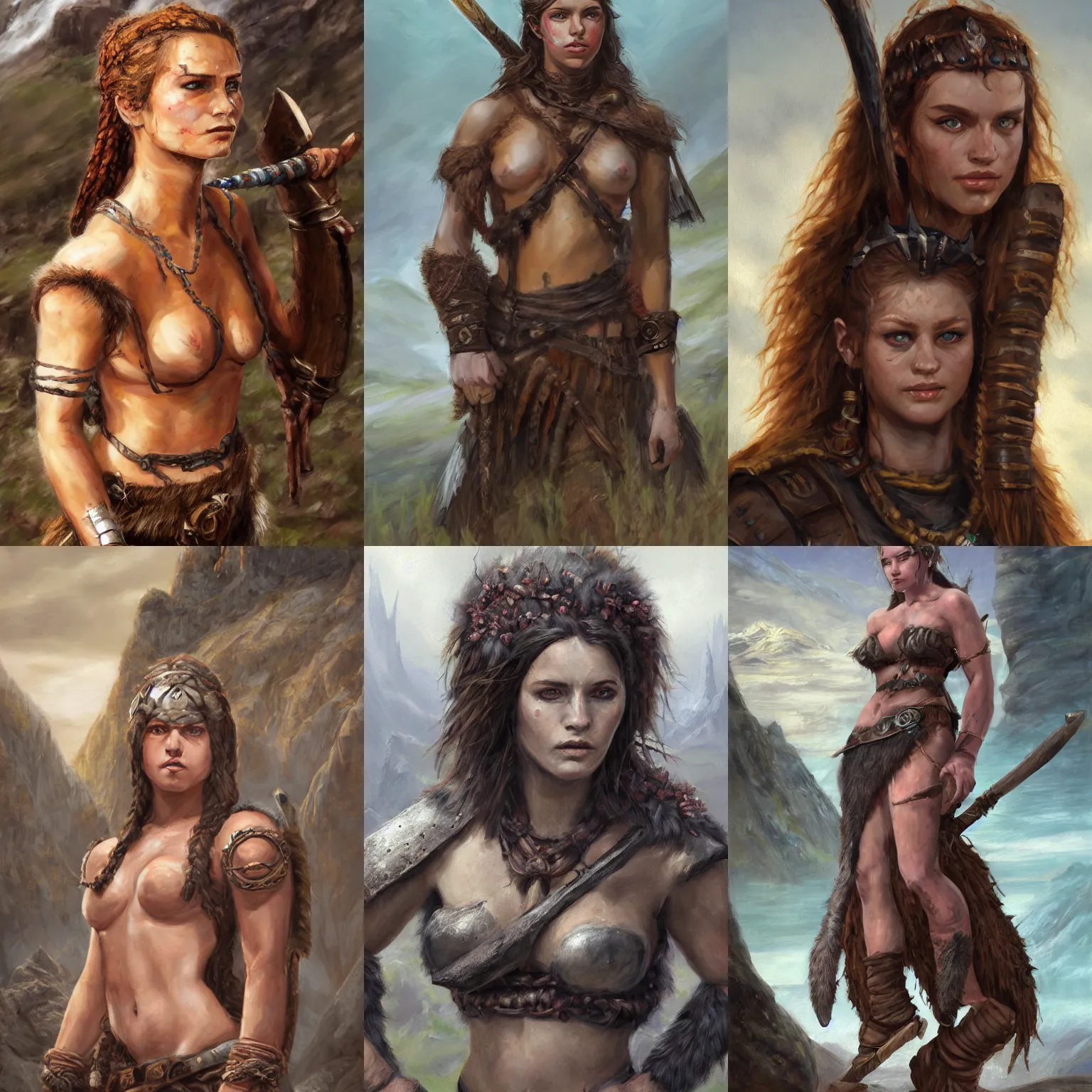 Image similar to a full body high detail fantasy portrait oil painting illustration of a beautiful cute young rugged stoic barbarian woman by justin sweet with face and body clearly visible, in a scenic background, pupils visible, realistic proportions, d & d, rpg, forgotten realms, artstation trending, high quality, sombre mood, artstation trending, muted colours, entire person visible!
