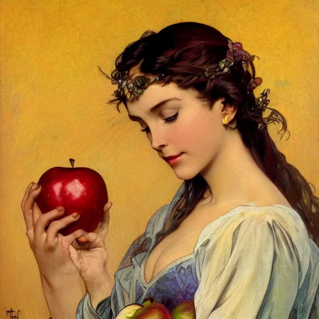 Image similar to an aesthetic! detailed close - up portrait of an aesthetic woman crying mournfully while holding an apple, by frank frazetta and alphonse mucha, oil on canvas, bright colors, art nouveau, epic composition, dungeons and dragons fantasy art, hd, god - rays, ray - tracing, crisp contour - lines, huhd - 8 k