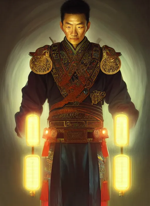 Prompt: symmetry!! portrait of old chinese warrior, tech wear, glowing lights!! intricate, elegant, highly detailed, digital painting, artstation, concept art, smooth, sharp focus, illustration, art by artgerm and greg rutkowski and alphonse mucha