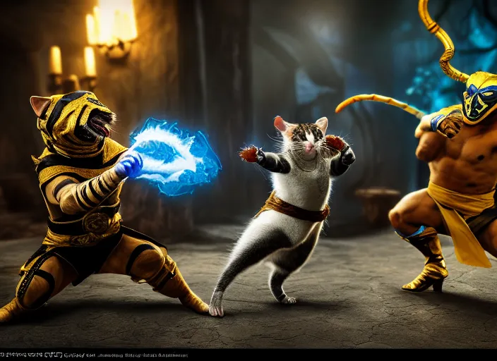 Image similar to hamster dressed as sub zero fights a cat dressed as scorpion in mortal kombat on the background of a laughing shao khan. fantasy magic style. highly detailed 8 k. intricate. lifelike. soft light. sony a 7 r iv 5 5 mm. unreal engine with nanite and path tracing